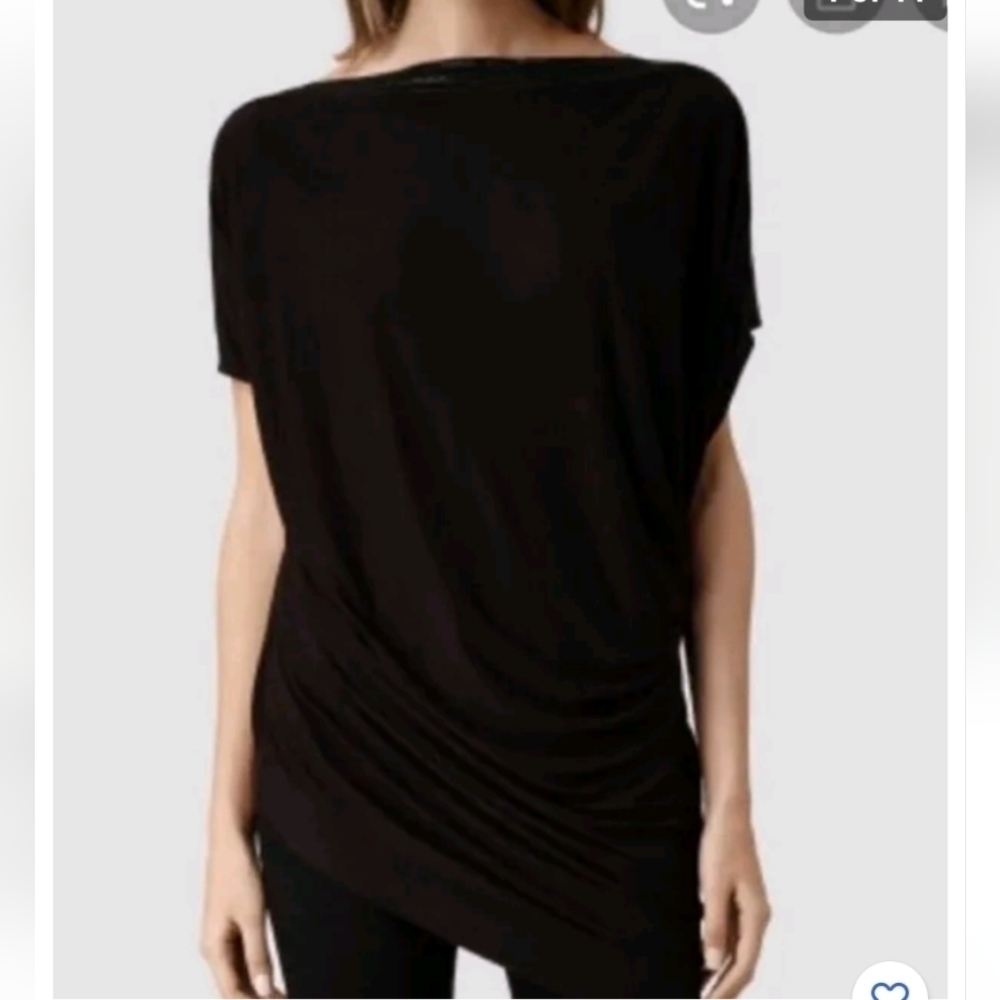 Allsaints Oriel Slouchy Tee Embelished Boat Neckline Asymmetrical Black Top 0 US